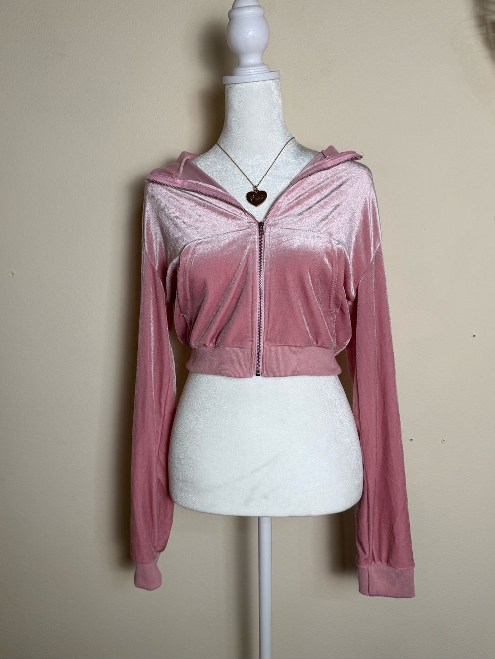 Cropped Pink Velvet Zip Hoodie